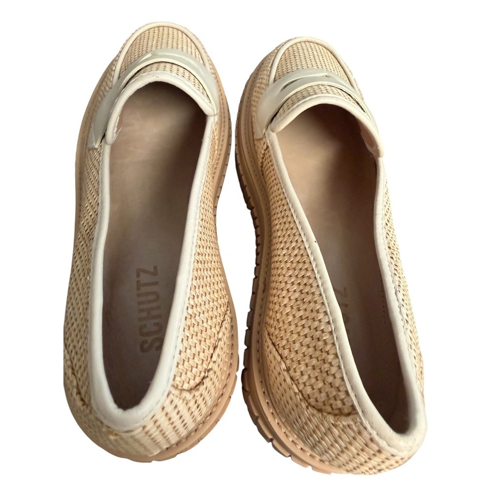 Schutz Viola Weekend Beige Woven Raffia Platform Penny Loafers Lug Sole 8B - Picture 6 of 10